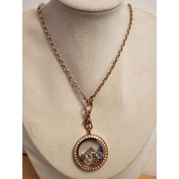 Origami Owl Jewelry - Oragami Owl Charm Locket Necklace Rose Gold Tone including 3 Crystals & 5 Charms